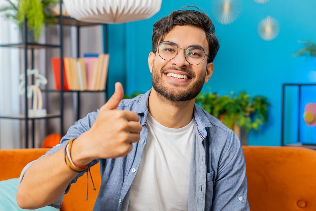 Happy Indian Young Man Looking Approvingly Camera Show Thumbs Up Like Positive Sign Good News